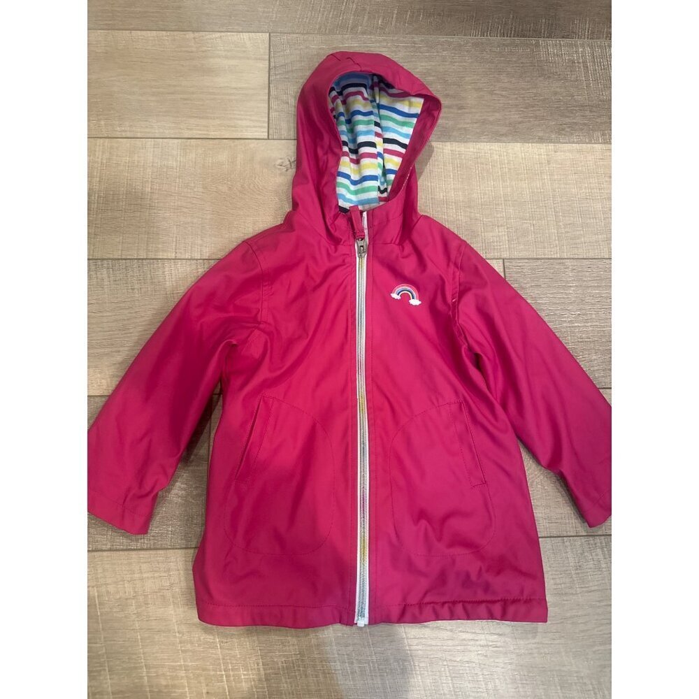 Pink Hooded Rain Jacket With Rainbow Patch Striped Lining 2T Wippette Kids 100%